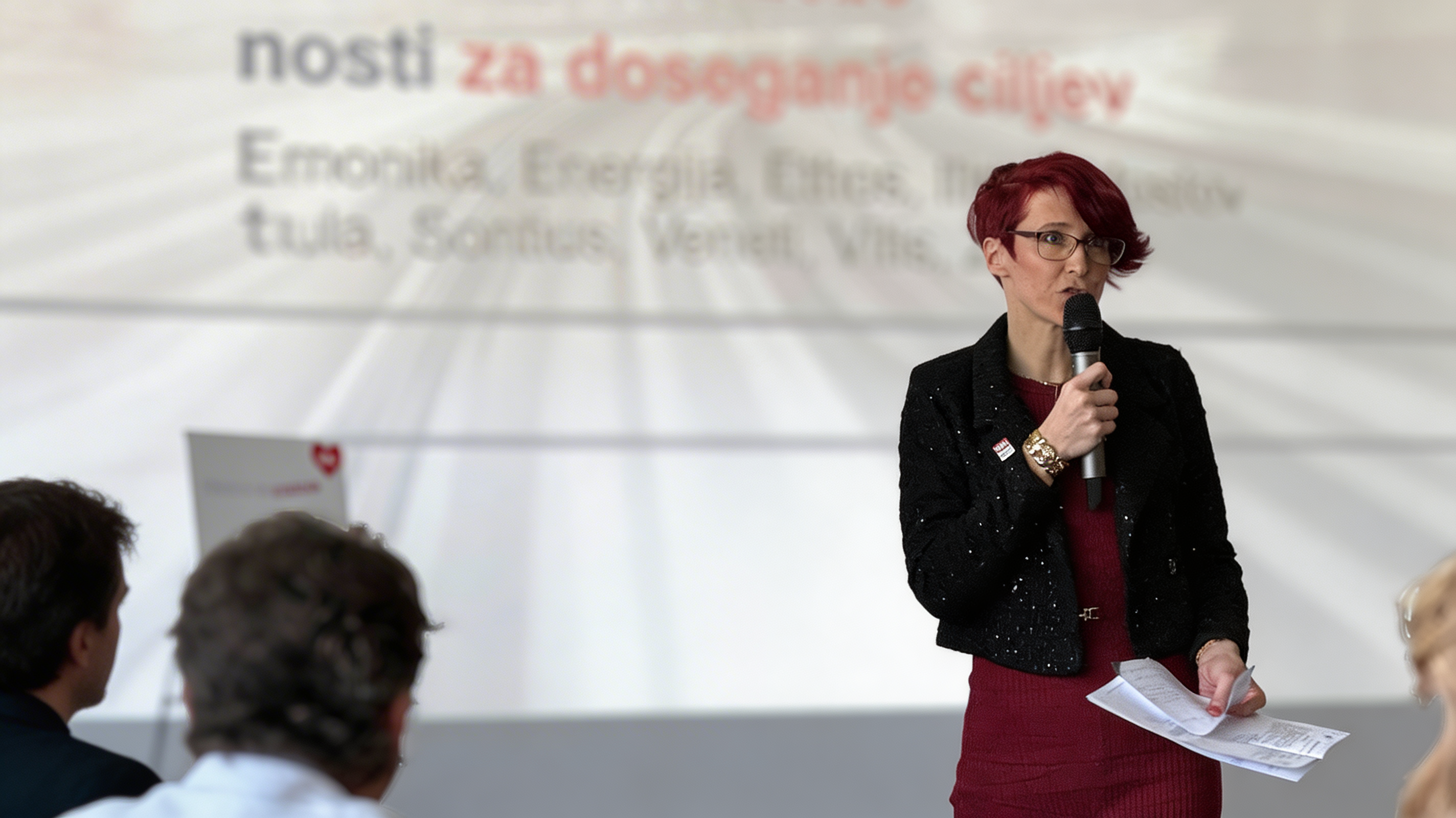 Urša Young speaking into a microphone at a business event